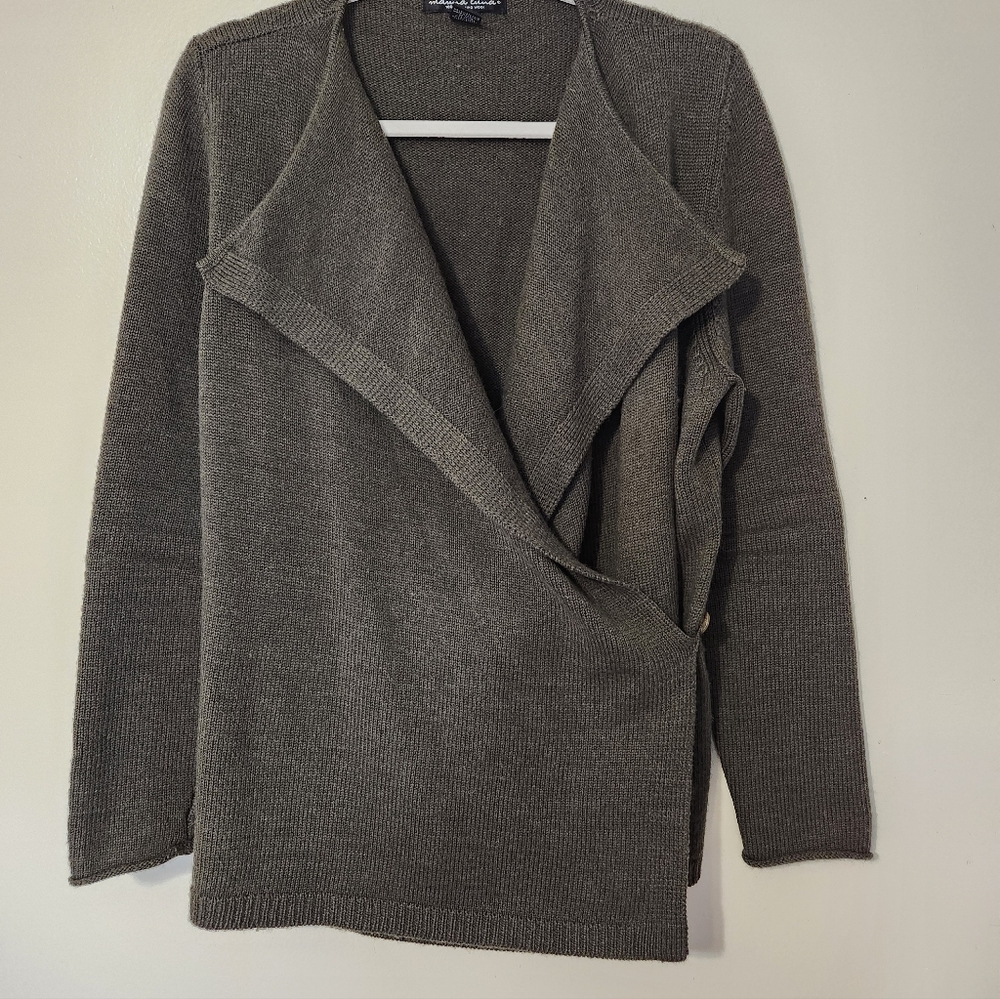 Merino Wool Drape Front Wrap Cardigan Button Closure Olive Green Large Luxury